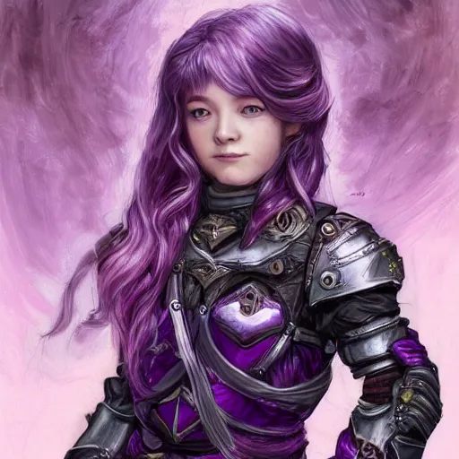 Image similar to portrait of a female halfling sorcerer by ayami kojima, she is about 2 0 years old, purple hair, leadership vibes, she is wearing a modern tactical gear, scifi, highly detailed portrait, digital painting, artstation, concept art, smooth, sharp foccus ilustration, artstation hq