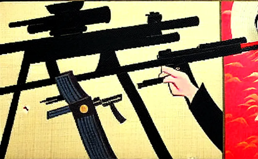 Image similar to a Japanese painting of the emperor of Japan shooting a laser gun