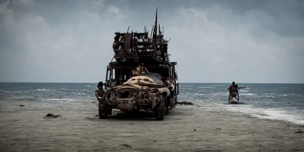 Image similar to sri lankan mad max style, ocean, big ship, film still, epic shot cinematography, rule of thirds