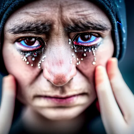 Image similar to photographic portrait of a poor techwear woman with tears in her eyes, closeup, sigma 85mm f/1.4, 4k, depth of field, high resolution, 4k, 8k, hd, full color