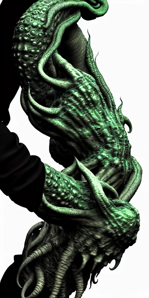 Prompt: a cthulhu wrapped around a human arm, photorealism, digital art, trending on artstation, heightmap