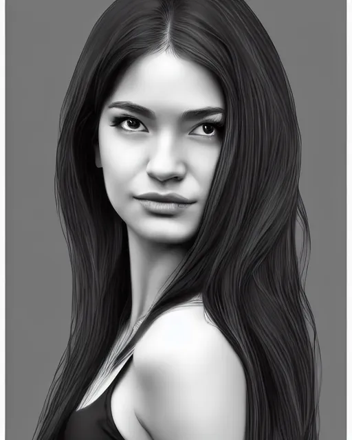 Image similar to full body portrait of a beautiful young woman in black and white, photorealistic, hair down to waist, sharp focus, in the style of Kevin Kostic, Stephen Lau and artgerm, hyper sharp focus, 8k highly detailed