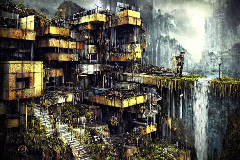 Image similar to gothic waterfall favela honeybee hive, brutalist environment, industrial factory, apocalyptic, somber, award winning art, epic dreamlike fantasy landscape, ultra realistic,