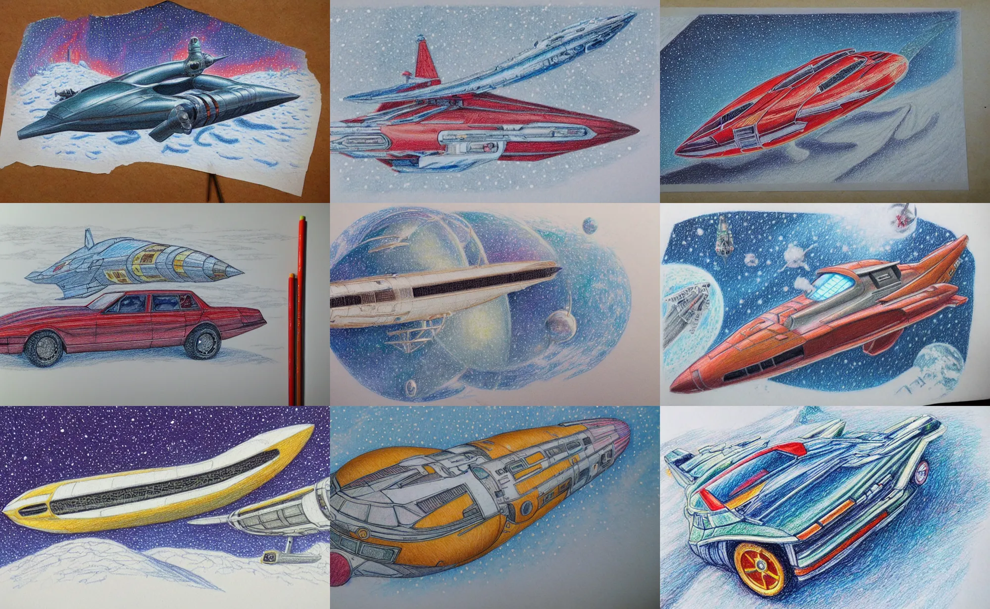 Prompt: intricately detailed color pencil sketch, retro spaceship covered in snow