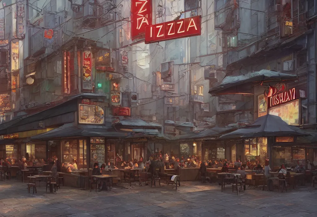 Image similar to A highly detailed matte painting of an Italian pizzeria in new york by Studio Ghibli, Makoto Shinkai, by Artgerm, by WLOP, by Greg Rutkowski, volumetric lighting, cyberpunk, octane render, 4K resolution, trending on artstation, masterpiece