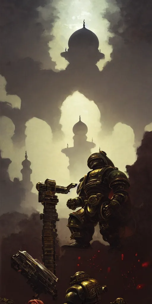 Image similar to high detailed portrait of islamic style space marine, with beautiful mosques, warhammer 40000, cinematic light, dark environment, painting by jeremy geddes, Winslow Homer, Daniel Ridgway Knight, trending on artstation, ultrarealistic concept art, illustration, 4k, high quality