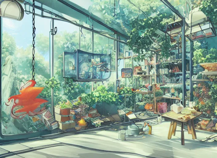 Image similar to pleasing two - point - perspective anime background clean neat clarity professional visual development set design, tiny cozy store with hanging bird cages and bright fish aquariums, sparse planted terrariums, dim painterly lighting volumetric aquatics, impasto, trending on pixiv