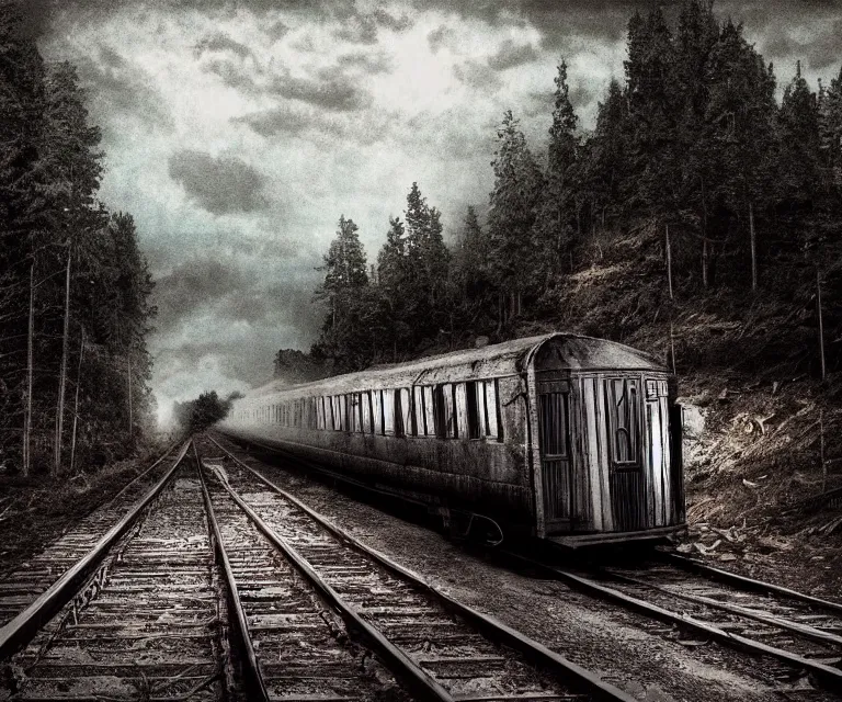 Image similar to creepy ghost train, high res, photorealistic, dark atmosphere, dark fantasy, gloomy tracks, bright lights, forestry