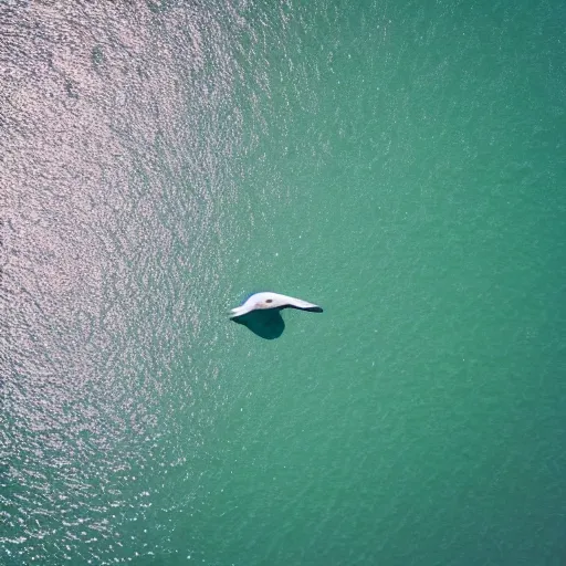 Image similar to simmetrical photo of a seagull flying seen exactly from above. Watching down. Seagull seen from above. 4k still award winning. Pleasant look and colors. Sea on the background.