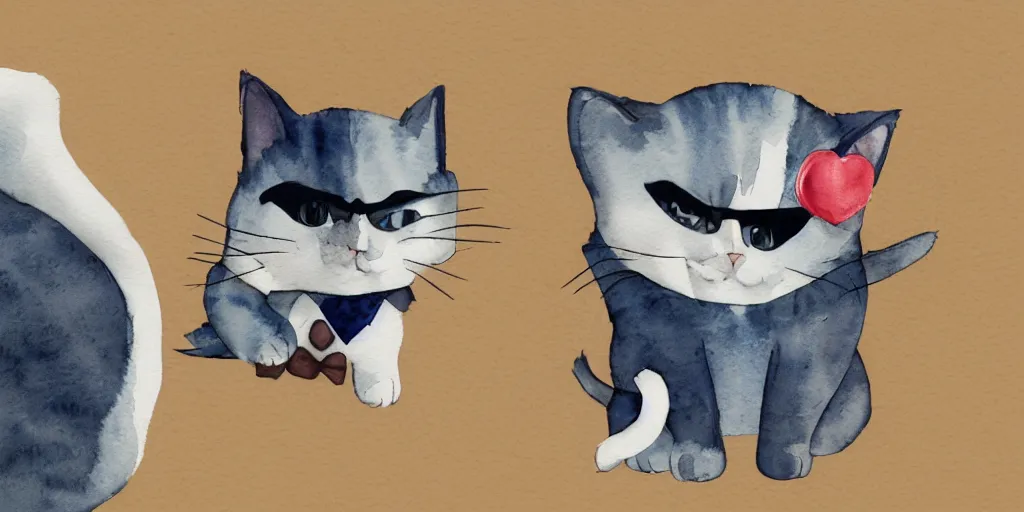 Image similar to watercolor illustration style, cute cat detective with moustache