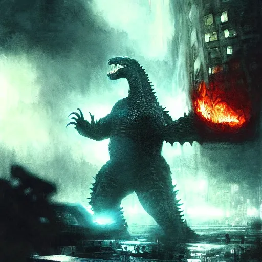 Prompt: godzilla eating pizza in a torture chamber, dramatic lighting, illustration by greg rutkowski, yoji shinkawa, 4 k, digital art, concept art, trending on artstation