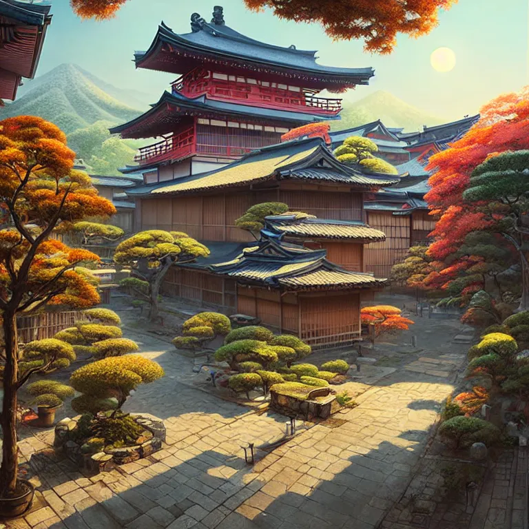 Image similar to old japanese town with garden viewed from harbor, d & d digital painting, ultra realistic, beautiful, volumetric lighting, warm colors advance, cell shading, by james jean, greg rutkowski,