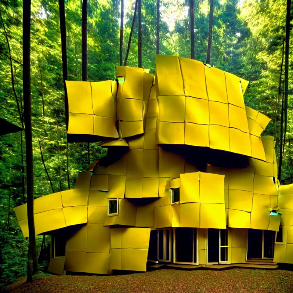 Image similar to a mid-century modern house with big tiles, from far away, in a forest, designed by Frank Gehry. Film grain, cinematic, yellow hue