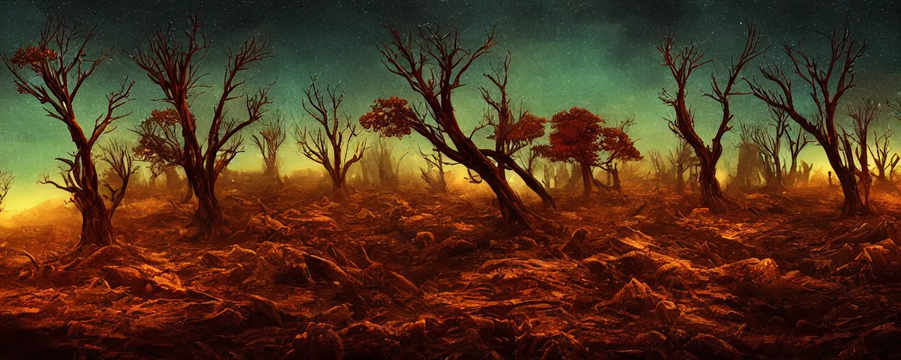 Prompt: ” barren landscape with dead trees at night, [ cosmic, cinematic, detailed, epic, widescreen, opening, establishing, mattepainting, photorealistic, realistic textures, octane render, art by slop and paul lehr ] ”
