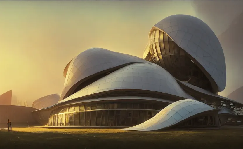 Prompt: exterior photo shot of utopian architecture laboratory with cinematic lighting by moebius and zaha hadid and renzo piano, darek zabrocki and greg ruthkowski, alphonse mucha, simon stalenhag, cinematic, shot on canon 5 d width angle lens, lambda shape, scifi, futurism, atmospheric, sunset, concept art, artstation, trending on artstation