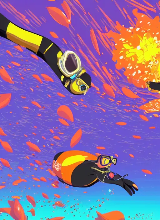 Image similar to Sloth scuba diving. In anime style. Explosions, tilt and orange, ultrawide angle, panoramic, fish eye, colorfull illustration