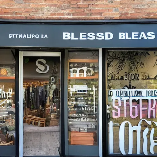 Prompt: a store front that says bless