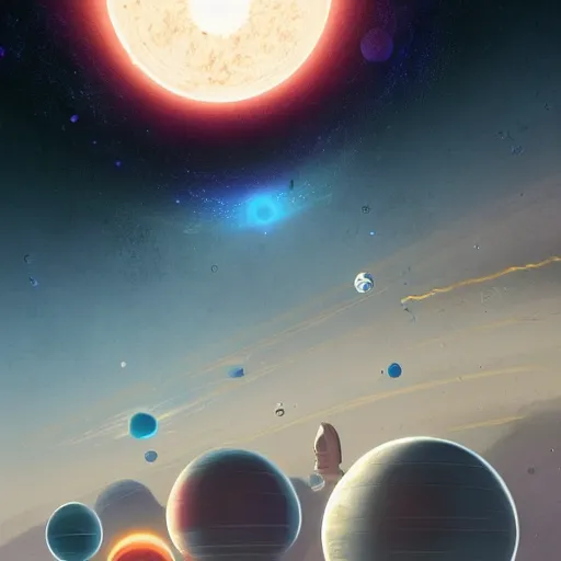 Image similar to an artist's rendering of a solar system, concept art by christopher balaskas, cgsociety, space art, concept art, sci - fi, reimagined by industrial light and magic