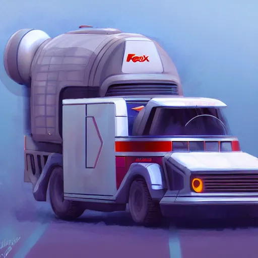 Image similar to retro futuristic fedex delivery truck, artstation, cgsociety concept art