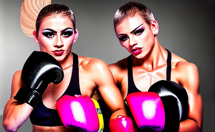 Image similar to girl boxing with drag queen, no blur, 4 k resolution, ultra detailed