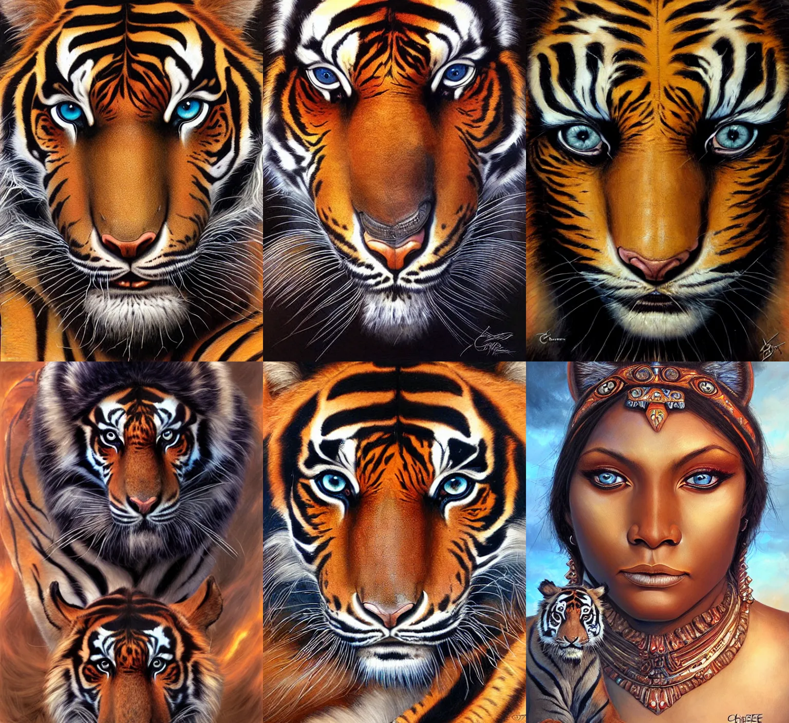 Prompt: stunning goddess of tigers portrait, clear eyes and dark skin. realistic, symmetrical face. art by bowater charlie, mark brooks, julie bell, arian mark, tony sandoval