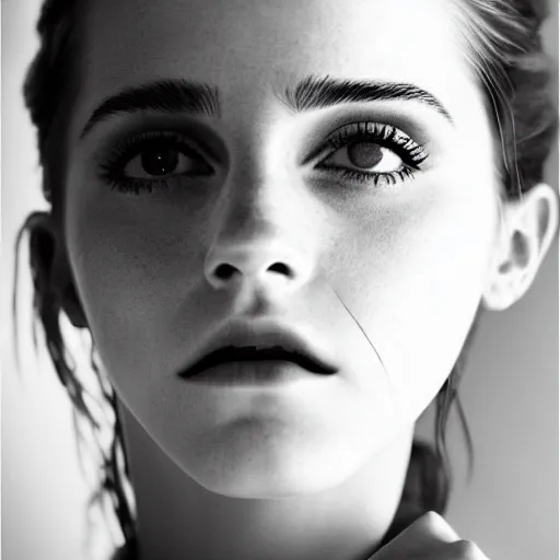 Image similar to Emma Watson closeup face shoulders very long hair Vogue fashion shoot by Peter Lindbergh fashion poses detailed professional studio lighting dramatic shadows professional photograph by Cecil Beaton, Lee Miller, Irving Penn, David Bailey, Corinne Day, Patrick Demarchelier, Nick Knight, Herb Ritts, Mario Testino, Tim Walker, Bruce Weber, Edward Steichen, Albert Watson