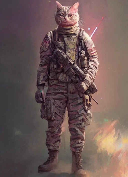 Prompt: a portrait of a futuristic british longhair cat wear soldier clothes in war scene, pink vibe, hyper realistic, concept art, intricate, hyper detailed, smooth, vibrant, by greg rutkowski