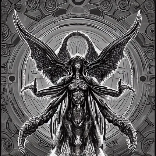 Prompt: 4K headshot of godlike Cthulhu with defined arms and open hands and bloody clothes with giant mandala wings , intricate face , flawless anime cel animation by Kentaro Miura, psychedelic , highly detailed upper body , professionally post-processed , beautiful, scary, symmetry accurate features, epic, octane rendered, anime masterpiece, accurate