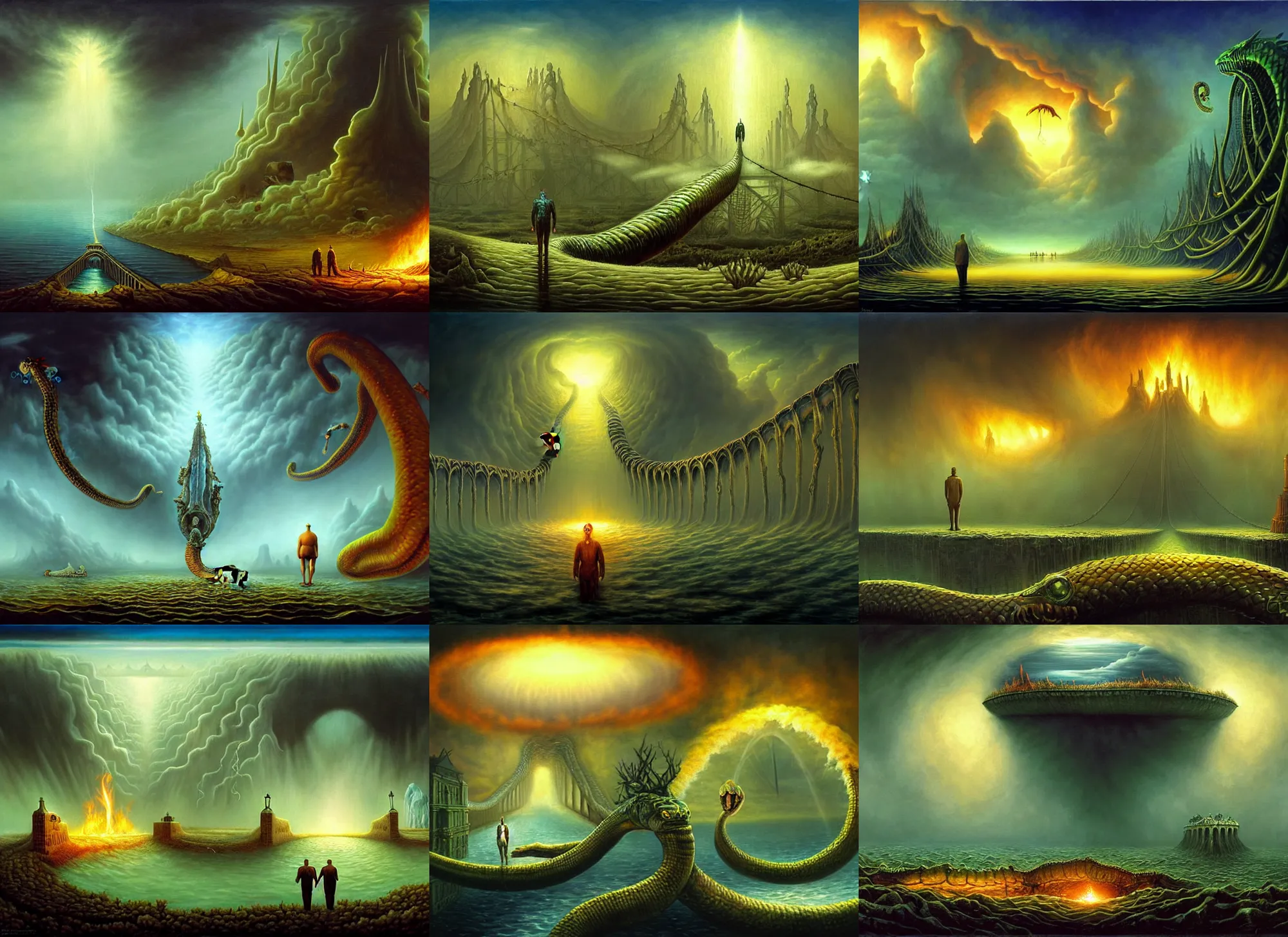 Prompt: underwater end of the world, clouds, fire, demons, plants, bridge, buildings, people, serpent, strange creatures walking around, falling from sky, by vladimir kush and giger and zdzislaw