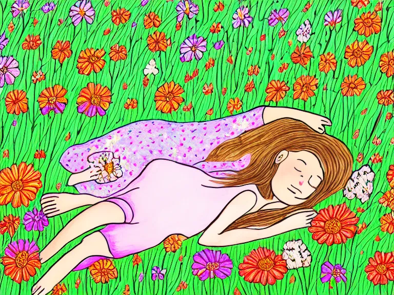 Image similar to drawing of girl laying down in the lawn full of flowers that smells like honey amongst forest with her soul connected to the nature around her. in naive art style