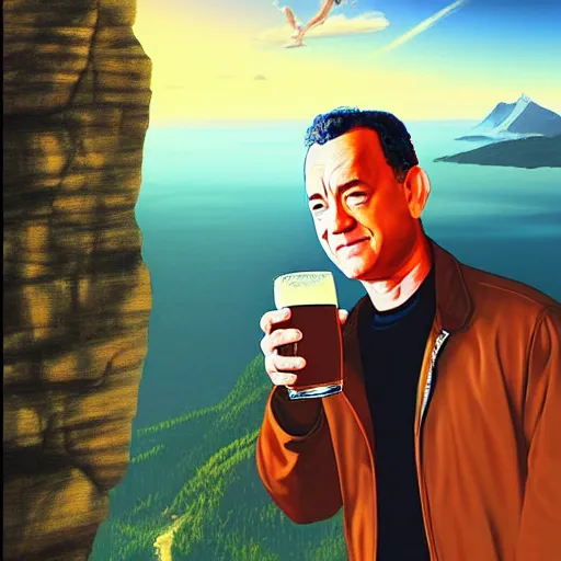 Image similar to Tom hanks at the top of a mountain, scenic view, holding a beer!!, digital art, gta 5 cover art, trending on artstation