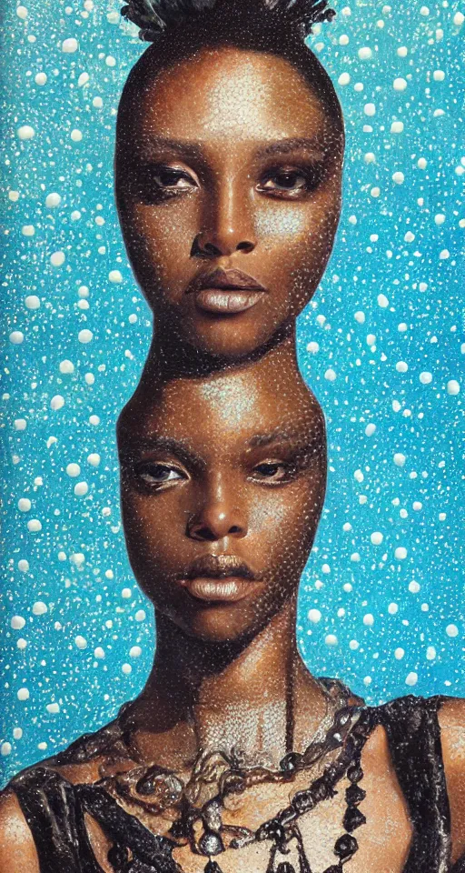 Prompt: hyperrealism oil painting, close-up portrait of black medieval queen fashion model, melted cyborg, ocean pattern mixed with star sky, in style of classicism mixed with 70s japan book art