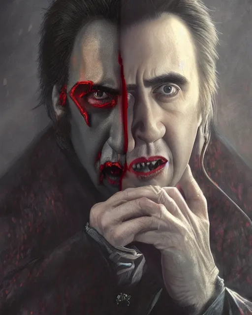 Image similar to nicolas cage as dracula, highly detailed, centered, artstation, concept art, smooth, sharp focus, illustration, bokeh art by artgerm and donato giancola and joseph christian leyendecker