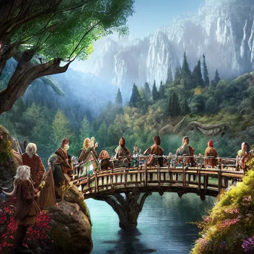 Image similar to hobbits with dwarves and a wizard walk along the bridge to rivendell, the elves warmly welcome them, very beautiful elves'settlements are visible in the trees in the distance, blue clear sky, vivid color, highly detailed, digital painting, artstation, matte, sharp focus, impressionnisme, art by shishkin and kuindzhi