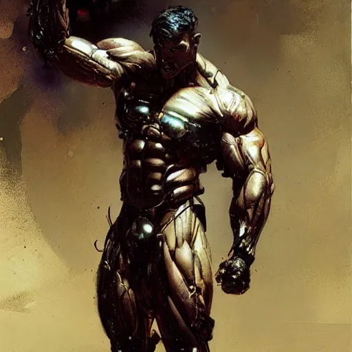 Prompt: muscular male cyborg, muscle, painting by gaston bussiere, craig mullins, greg rutkowski, yoji shinkawa