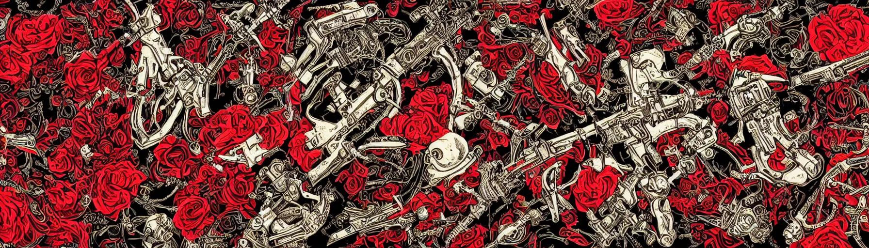 Prompt: an epic guns and roses mural on a crimson and black background, intricate illustration, highly ornate, exquisite detail, rtx, 4k