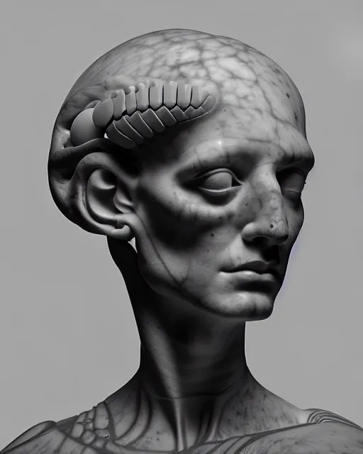 Prompt: surreal mythical dreamy black and white fine art photo of a monumental white marble sculpture bust of a cyborg - bird - brain head, rim light, cinematic, studio dramatic light, poetic, octane render, 8 k, photo - realistic