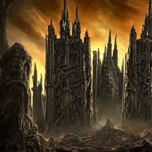 Prompt: A horrific gothic cityscape of evil tree-like towers inside a giant cave