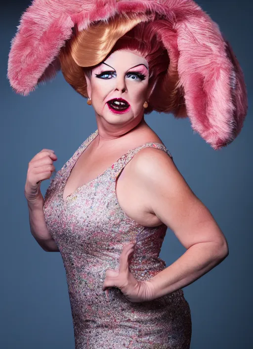 Image similar to studio portrait of lindsey graham in full drag dressed in drag dressed as a woman makeup, 8 k, studio lighting, key light, back light, sequents,