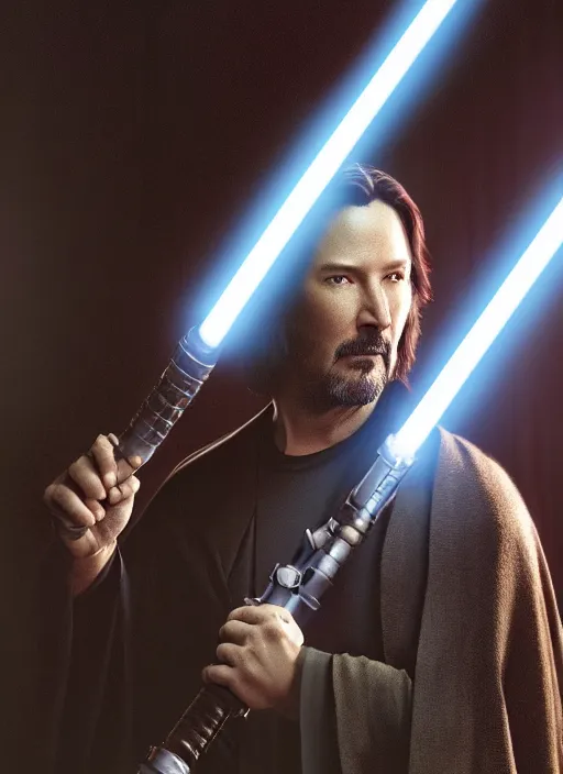Image similar to close - up of a jedi holding a lightsaber, keanu reeves, greg rutkowski, 8 k, shallow depth of field, intricate detail, concept art,