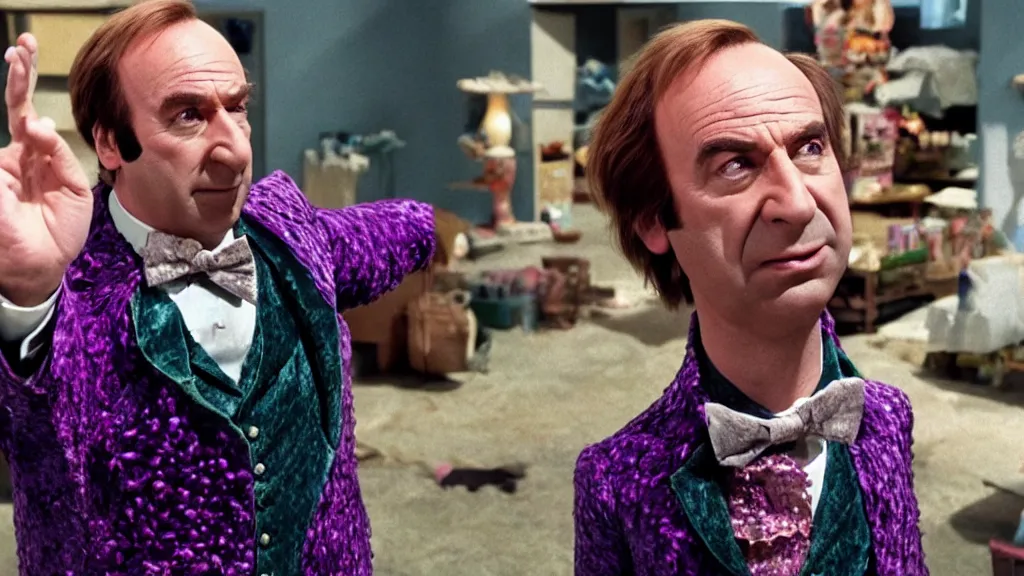 Image similar to saul goodman as Willy Wonka, film still from the movie directed by Denis Villeneuve with art direction by Salvador Dalí, wide lens