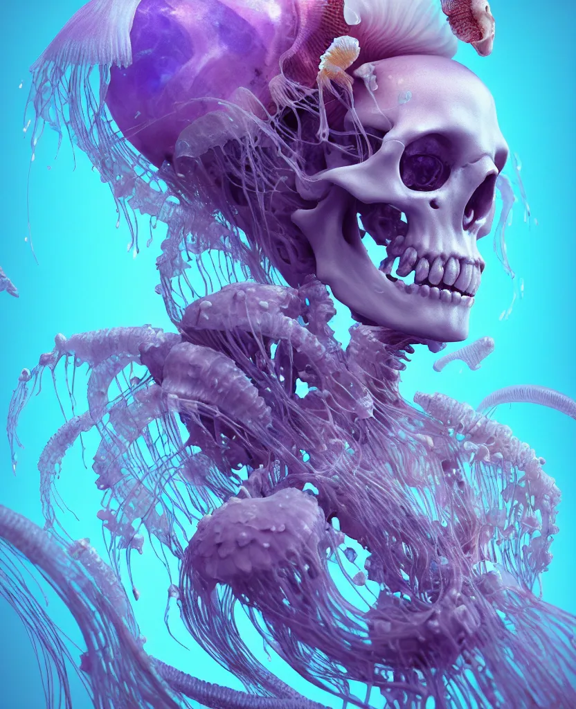 Image similar to goddess close - up portrait human skeleton, ram skull, jellyfish, orchid, betta fish, bioluminiscent, intricate artwork by tooth wu and wlop and beeple. octane render, trending on artstation, greg rutkowski very coherent symmetrical artwork. cinematic, hyper realism, high detail, octane render, 8 k