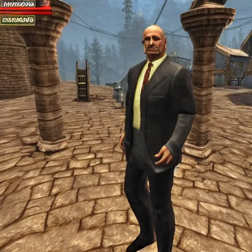 Image similar to Alexander Lukashenko wearing a suit and tie in Balmora in Elder Scrolls III: Morrowind, outdated 2002 Morrowind graphics, low definition, lowpoly