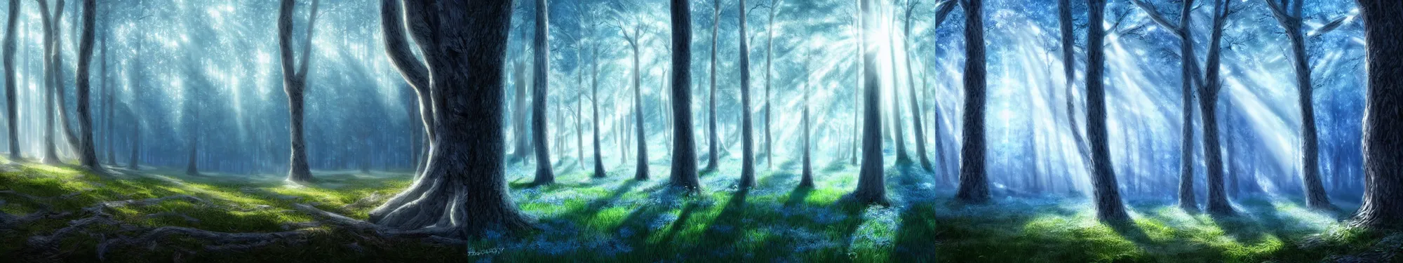 Prompt: Forest. White trees, white trunk. Gnarled trees. Blue grass, blue ground. Atmospheric lighting, god rays. Fantasy, digital painting, HD, 4k, detailed, vibrant, artwork.