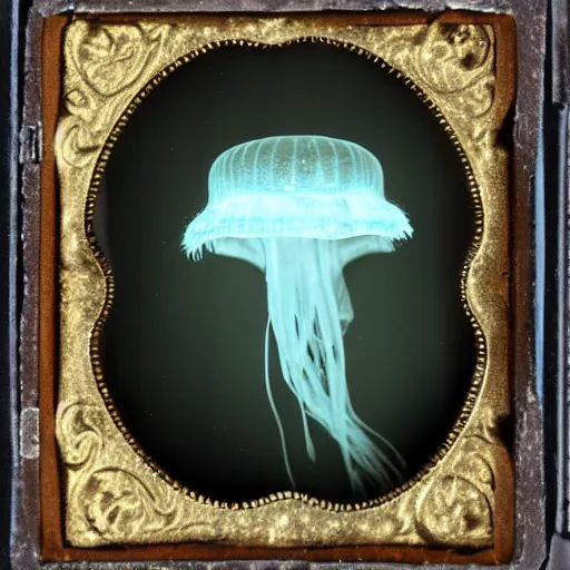 Image similar to tintype photo, lochness monster, underwater, jellyfish