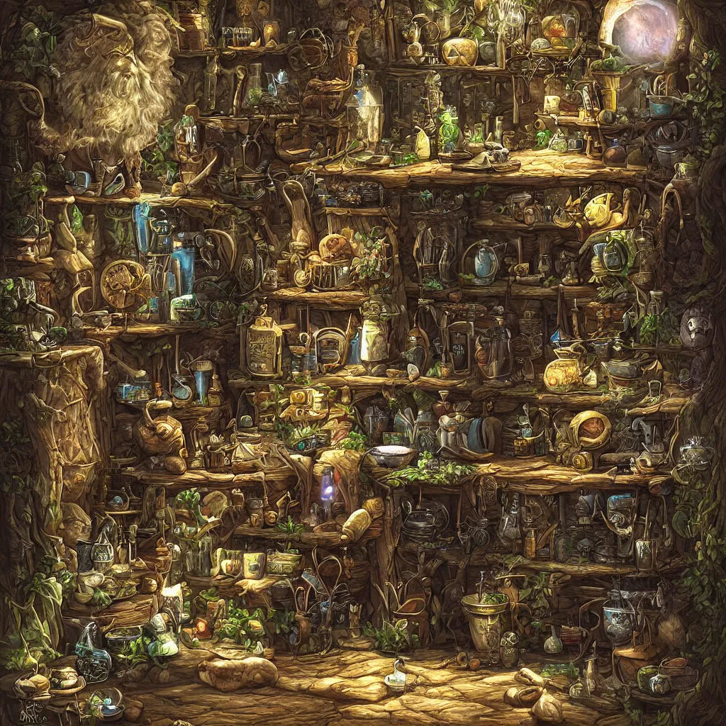 Image similar to ancient druid brewing in his mystic laboratory, highly detailed digital art