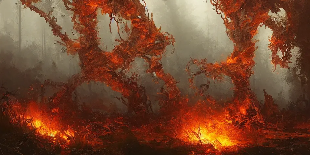 Image similar to A flaming forest , flaming leaves,Magma,flame stones are scattered, flame ferns, flame shrubs, huge flame Fantasy plant,covered in flame porcelain vine, artstation,by Jakub Rozalski, Greg Rutkowski,anthony avon