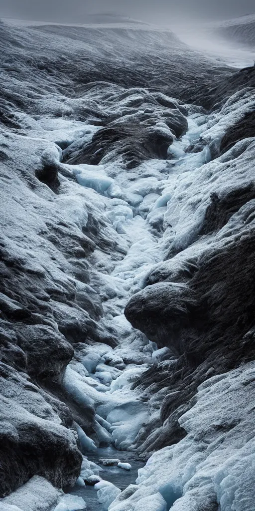 Image similar to dream looking through a hyper realistic photograph of a frozen icy canyon, minimal structure, misty, raining, meditative, timed exposure, icelandic valley, river, in the style of reuben wu, roger deakins