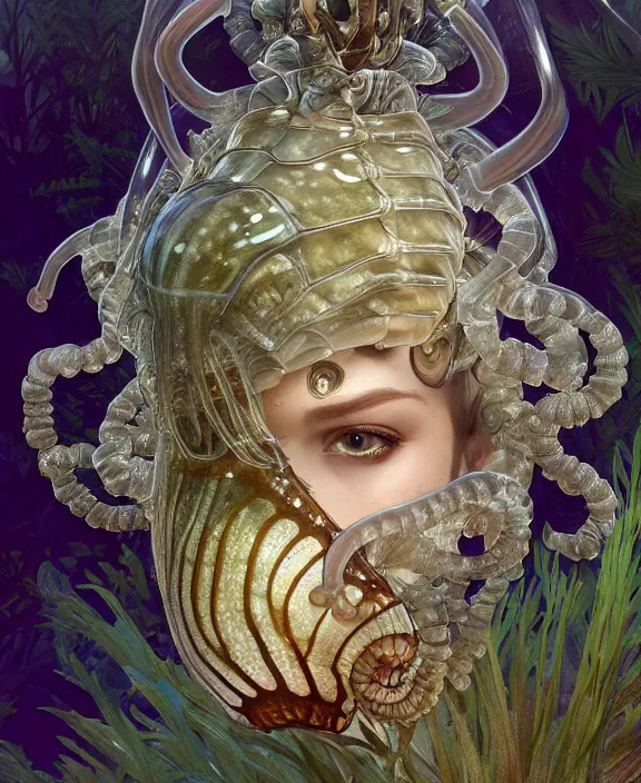 Image similar to intricate opulent transparent clear see - through portrait of a terrifying beautiful male human isopod sea slug, mottled coloring, adorable, childlike, overgrown biopunk jungle environment, ultra realistic, concept art, art nouveau, photorealistic, octane render, 8 k, unreal engine. art by christopher marley and artgerm and greg rutkowski and alphonse mucha