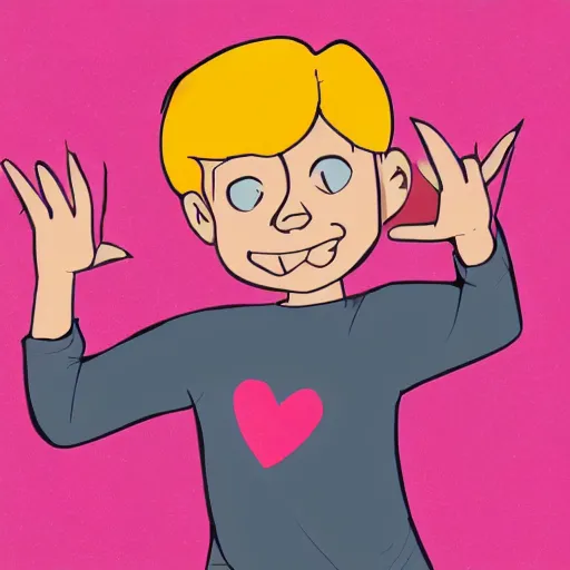 Prompt: boy cartoon character saying i love alex, high quality, making a heart sign with his hand, digital art,